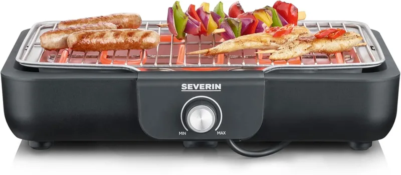 Severin ▫️ Grelhador de mesa com grelha em aço inoxidável, interior e exterior, 2.300 W, superfície de grelha 37 x 29 cm, controlo termostático, preto PG 8554