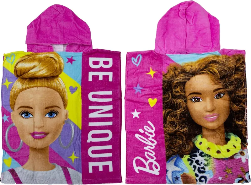 Character World ▫️ Poncho de Toalha com Capuz Oficial da Barbie | Toque super suave, design moderno | Roupão de banho para meninas, para usar em casa, no banho e na praia, rosa, 115 x 50 cm