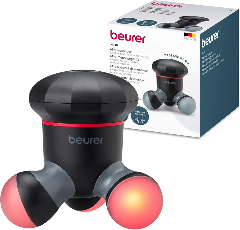Beurer ▫️ Mini-massajador MG 18, massajador elétrico de mão para uma massagem suave com vibrações, ideal para as costas, o pescoço, os braços e as pernas, com luz LED, portátil, preto, 1 unidade