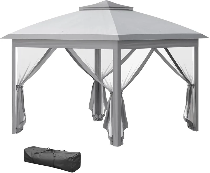 Outsunny ▫️ Tenda dobrável 3,3 x 3,3 m, gazebo de jardim com altura ajustável em 3 níveis, teto duplo, 4 redes mosquiteiras removíveis e bolsa de transporte impermeável com proteção UV, gazebo para exterior e festas, cinza