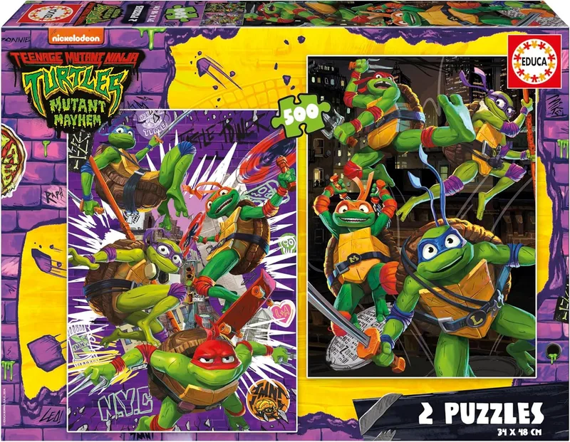 Educa ▫️ Tartarugas Ninja : Conjunto de 2 puzzles com 500 peças cada. Tamanho: 34 x 48 cm. Inclui o puzzle Cola Fix. A partir dos 11 anos (19916)
