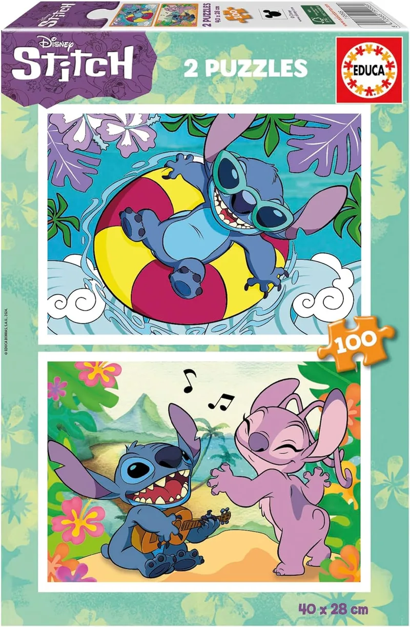 Educa ▫️ Disney Stitch : Conjunto de 2 puzzles para crianças com 100 peças. Tamanho: 40 x 28 cm. Recomendado para crianças a partir dos 6 anos (19998)
