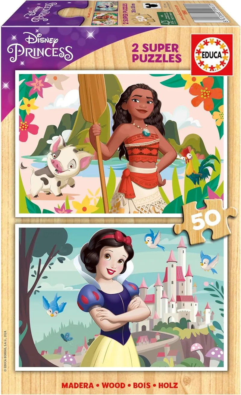 Educa ▫️ Disney Princess (Vaiana + Branca de Neve) | Conjunto de 2 puzzles de madeira para crianças com 50 peças cada. Medidas: 28 x 20 cm. Recomendado a partir dos 5 anos de idade (19961)