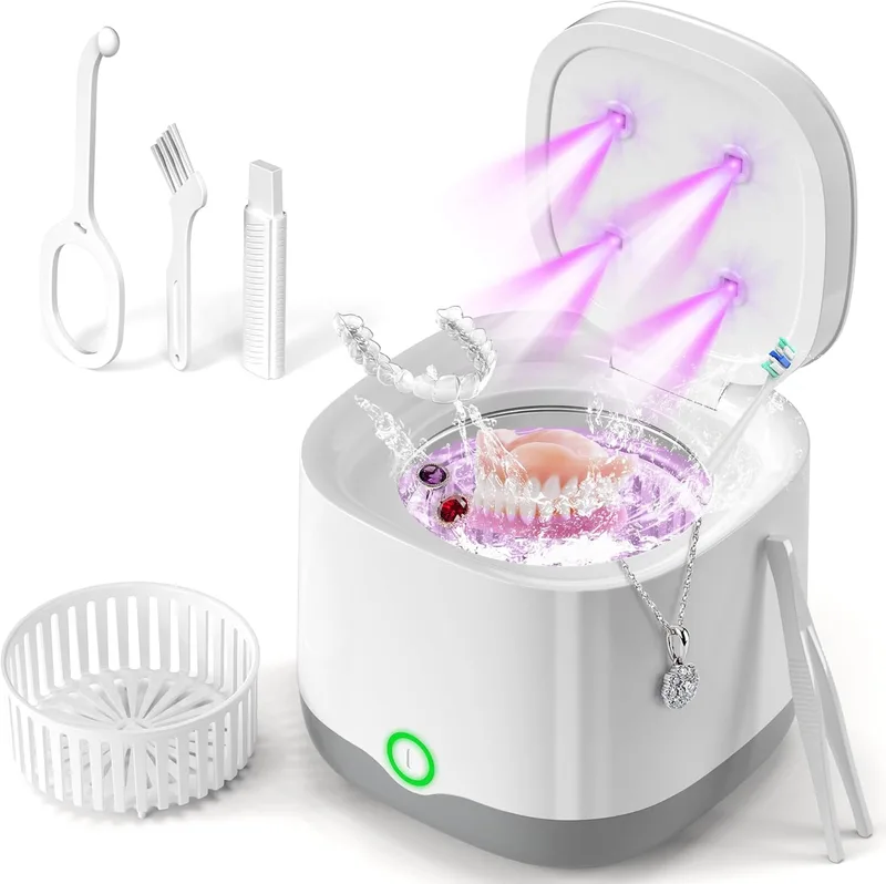 MSDUNOVR ▫️ Limpador ultrassónico portátil 45000Hz com luz UV | 24W 200ml | Para dentaduras, retentores, alinhadores, talas, jóias | Câmara de limpeza de férula dentária
