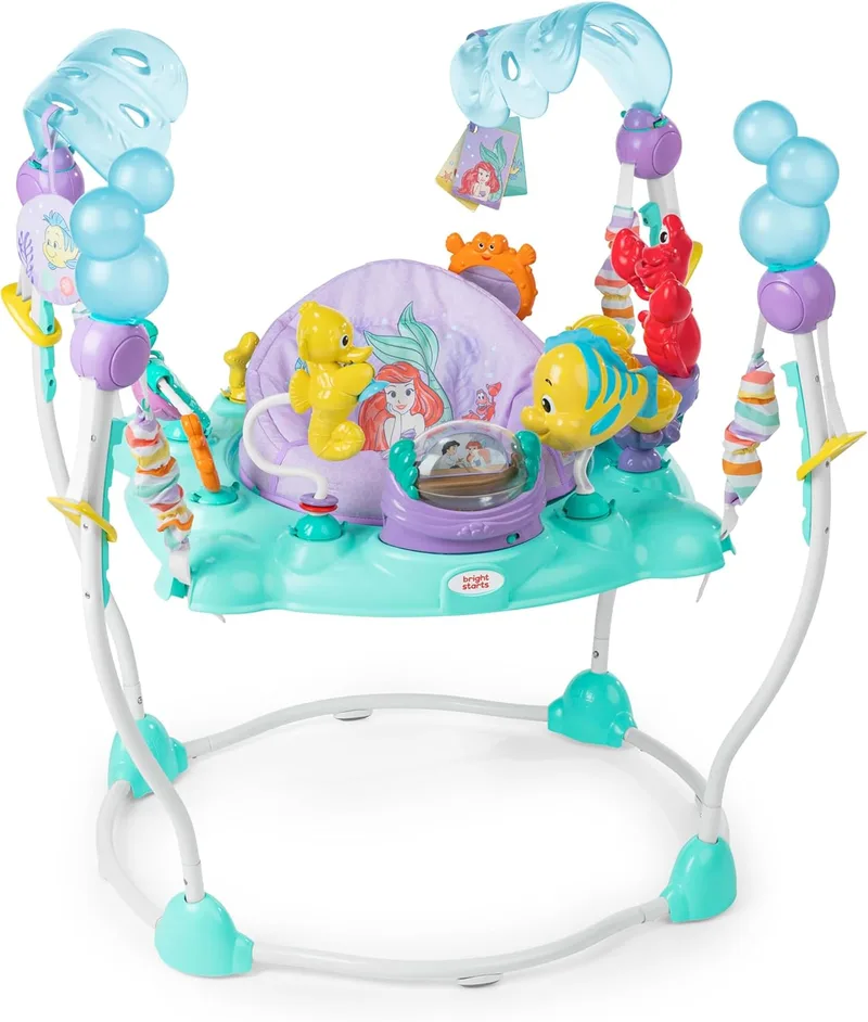 Bright Starts ▫️ Sea of Activities: Balancé de atividades para bebés com a Pequena Sereia da Disney, com brinquedos interativos, luzes e música, inclui a Princesa Ariel, 6-12 meses (azul)