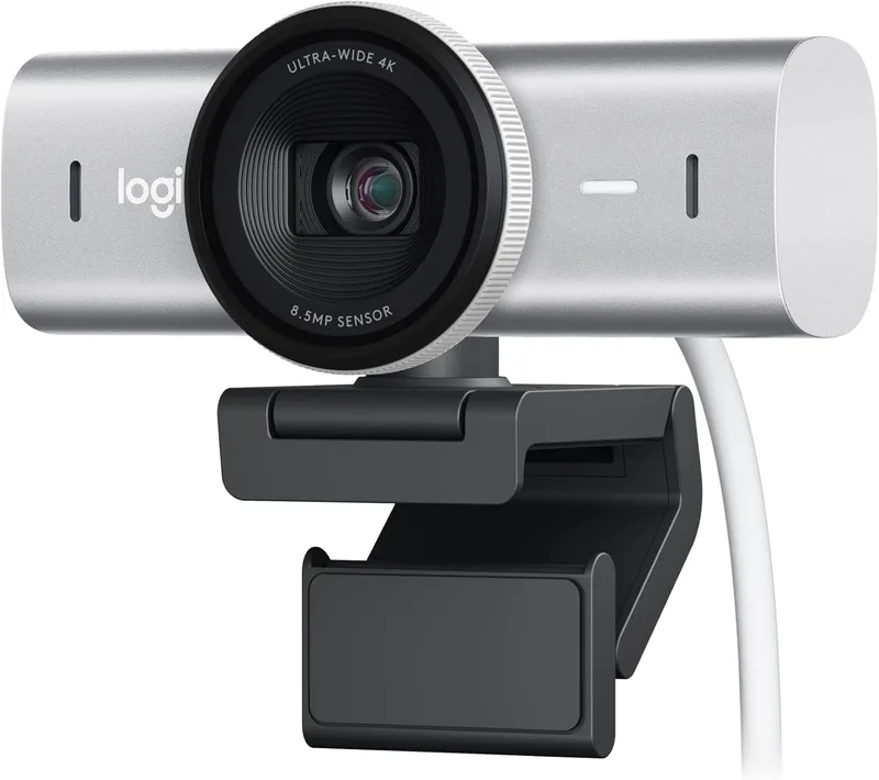 Logitech ▫️ Câmara Web MX Brio Ultra HD 4K para colaboração e streaming, 1080p a 60 FPS, dois microfones com redução de ruído, USB-C, tampa, compatível com Microsoft Teams, Zoom, Google Meet, cinzento claro