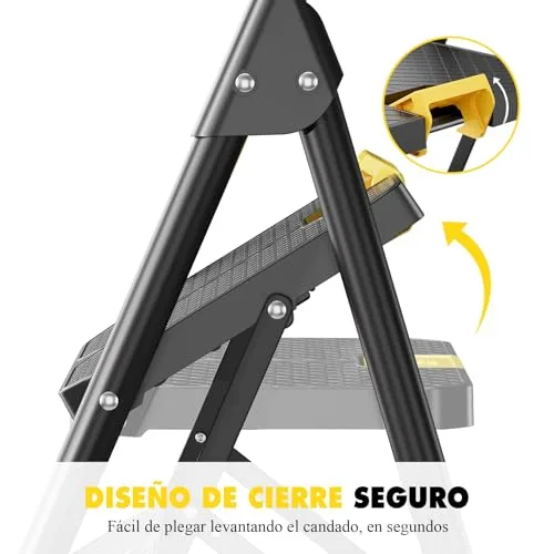 KINGRACK ▫️ Escada dobrável de 3 degraus com bloqueio de segurança, escada em tesoura para uso doméstico com capacidade de carga até 360 kg, com degrau largo antiderrapante, corrimão, banco em aço, para uso doméstico e na cozinha, preta 3