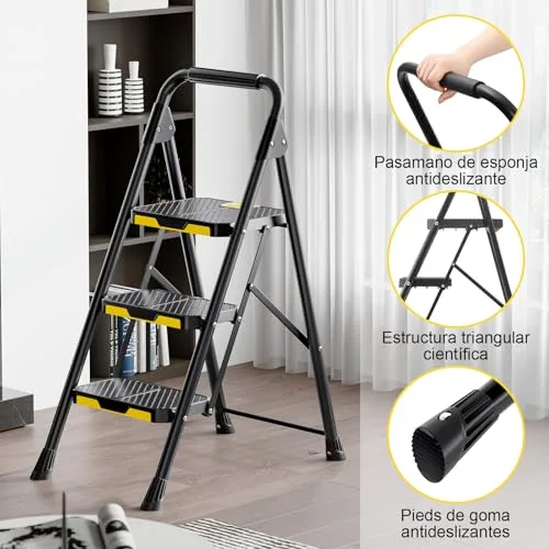 KINGRACK ▫️ Escada dobrável de 3 degraus com bloqueio de segurança, escada em tesoura para uso doméstico com capacidade de carga até 360 kg, com degrau largo antiderrapante, corrimão, banco em aço, para uso doméstico e na cozinha, preta 4