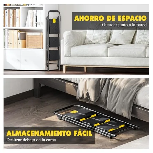 KINGRACK ▫️ Escada dobrável de 3 degraus com bloqueio de segurança, escada em tesoura para uso doméstico com capacidade de carga até 360 kg, com degrau largo antiderrapante, corrimão, banco em aço, para uso doméstico e na cozinha, preta 5