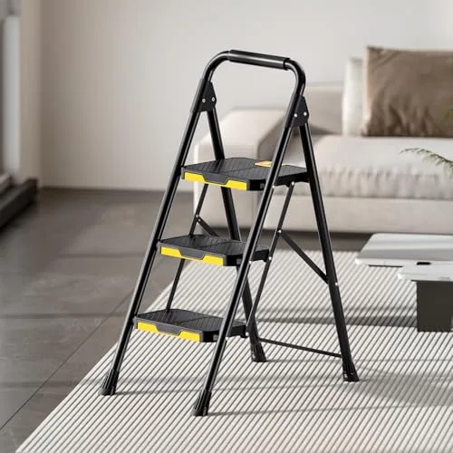 KINGRACK ▫️ Escada dobrável de 3 degraus com bloqueio de segurança, escada em tesoura para uso doméstico com capacidade de carga até 360 kg, com degrau largo antiderrapante, corrimão, banco em aço, para uso doméstico e na cozinha, preta 6