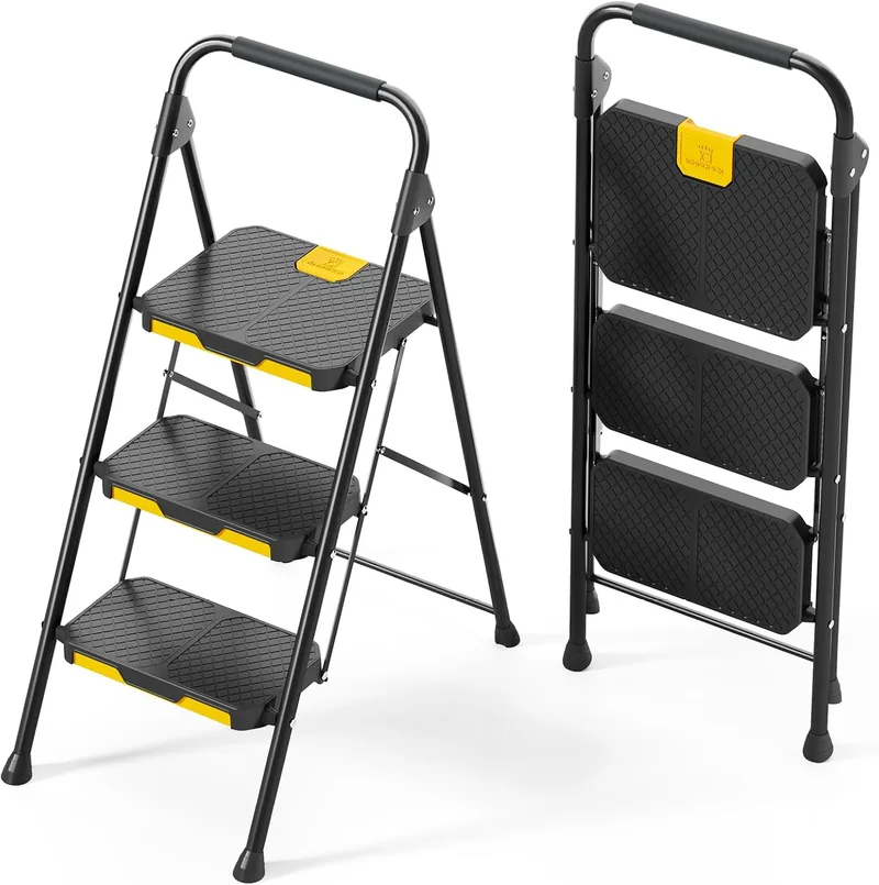 KINGRACK ▫️ Escada dobrável de 3 degraus com bloqueio de segurança, escada em tesoura para uso doméstico com capacidade de carga até 360 kg, com degrau largo antiderrapante, corrimão, banco em aço, para uso doméstico e na cozinha, preta