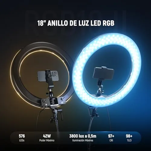 NEEWER ▫️ Anel de Luz LED RGB de 18 polegadas com controlo por aplicação, tripé e suporte para telemóvel, 42 W, regulável de 2500 K a 10 000 K, GM ±50, bicolor, CRI 97+/TLCI 98+, 360° com todas as cores, 18 cenários para fotografia, TikTok e vlog, RGB18 II 2