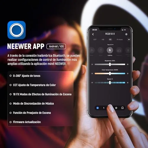 NEEWER ▫️ Anel de Luz LED RGB de 18 polegadas com controlo por aplicação, tripé e suporte para telemóvel, 42 W, regulável de 2500 K a 10 000 K, GM ±50, bicolor, CRI 97+/TLCI 98+, 360° com todas as cores, 18 cenários para fotografia, TikTok e vlog, RGB18 II 4