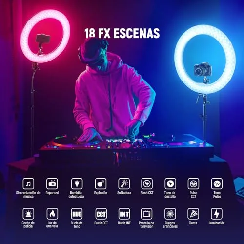 NEEWER ▫️ Anel de Luz LED RGB de 18 polegadas com controlo por aplicação, tripé e suporte para telemóvel, 42 W, regulável de 2500 K a 10 000 K, GM ±50, bicolor, CRI 97+/TLCI 98+, 360° com todas as cores, 18 cenários para fotografia, TikTok e vlog, RGB18 II 6