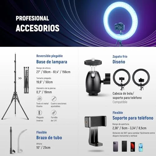 NEEWER ▫️ Anel de Luz LED RGB de 18 polegadas com controlo por aplicação, tripé e suporte para telemóvel, 42 W, regulável de 2500 K a 10 000 K, GM ±50, bicolor, CRI 97+/TLCI 98+, 360° com todas as cores, 18 cenários para fotografia, TikTok e vlog, RGB18 II 7