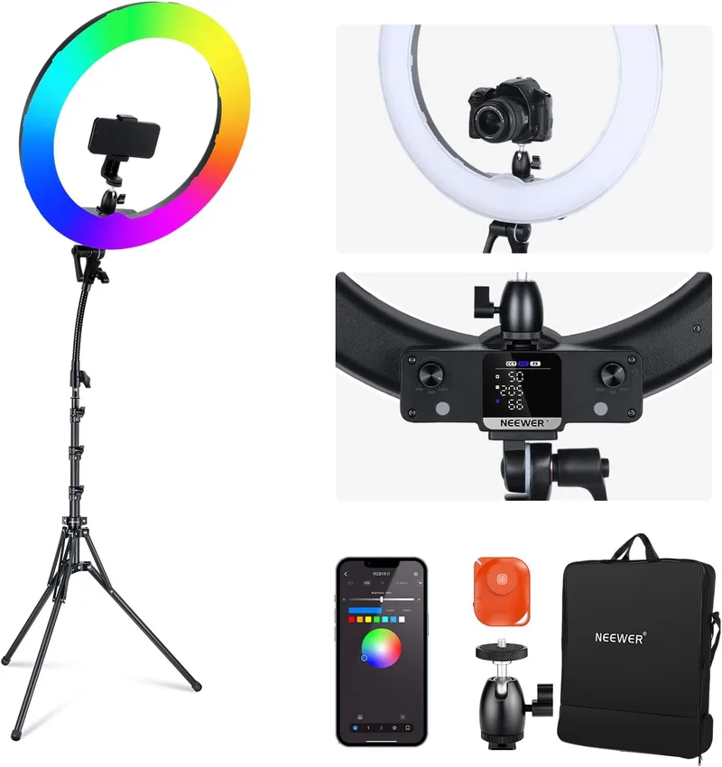 NEEWER ▫️ Anel de Luz LED RGB de 18 polegadas com controlo por aplicação, tripé e suporte para telemóvel, 42 W, regulável de 2500 K a 10 000 K, GM ±50, bicolor, CRI 97+/TLCI 98+, 360° com todas as cores, 18 cenários para fotografia, TikTok e vlog, RGB18 II