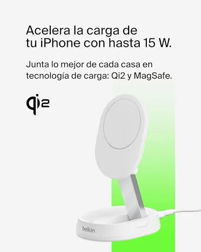 Belkin ▫️ Carregador sem fios BoostCharge Pro Qi2 compatível com MagSafe, suporte de carregamento magnético rápido conversível de 15 W, para Apple iPhone 17, Air, Pixelsnap, AirPods, adaptador de 20 W - Branco 2