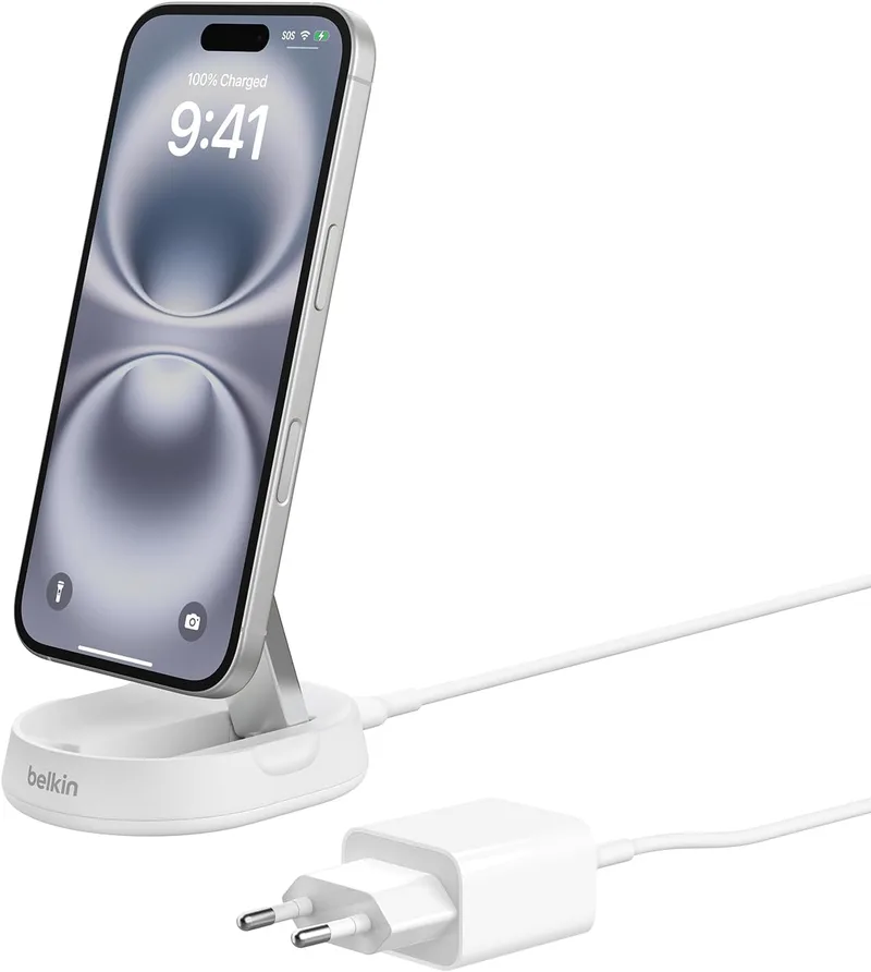 Belkin ▫️ Carregador sem fios BoostCharge Pro Qi2 compatível com MagSafe, suporte de carregamento magnético rápido conversível de 15 W, para Apple iPhone 17, Air, Pixelsnap, AirPods, adaptador de 20 W - Branco
