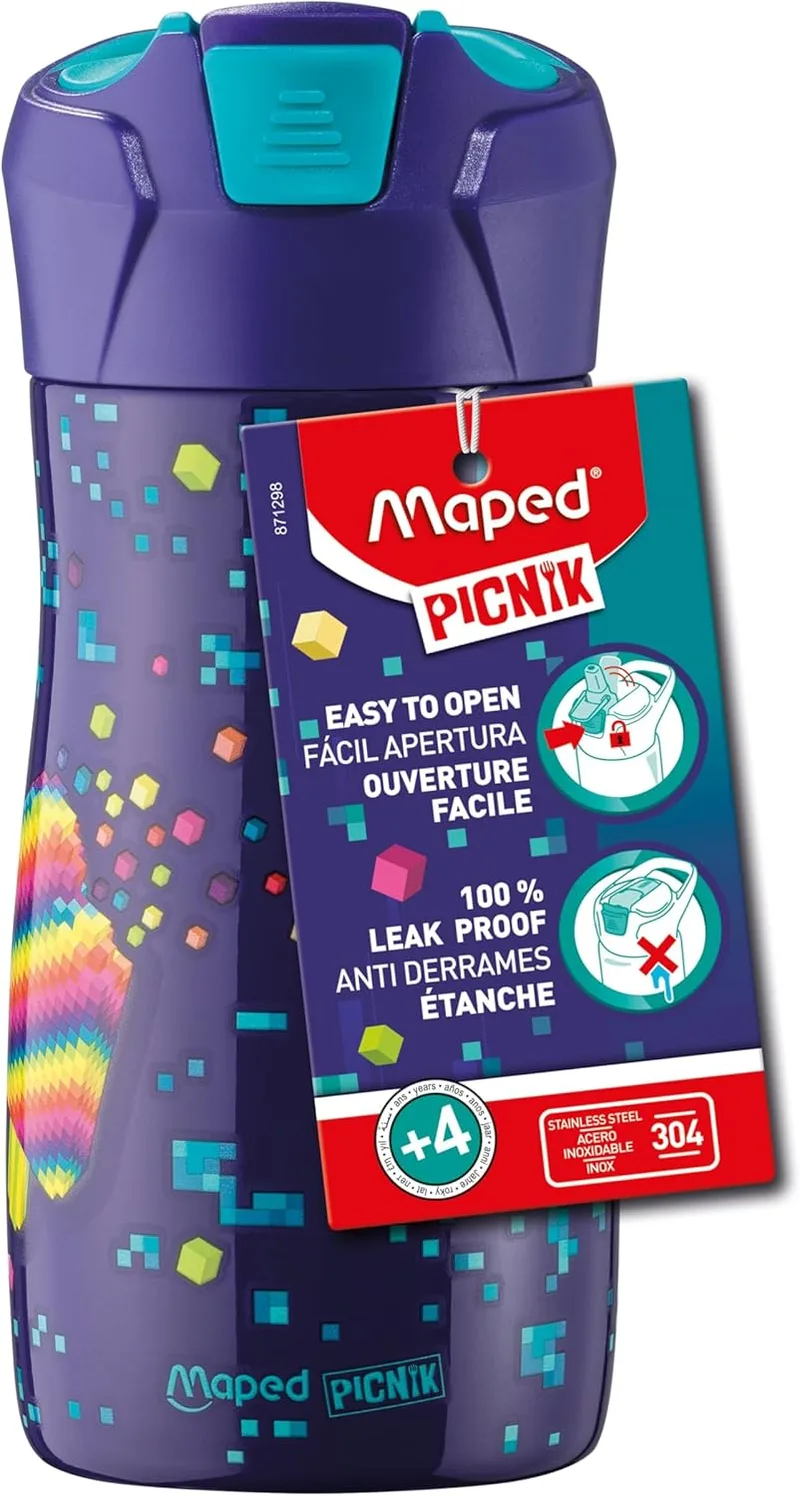 Maped ▫️ Picnik - Biberão infantil com sistema de pipeta - impermeável, abertura fácil com botão de pressão - Corpo em aço inoxidável - Pixel Party - 430 ml