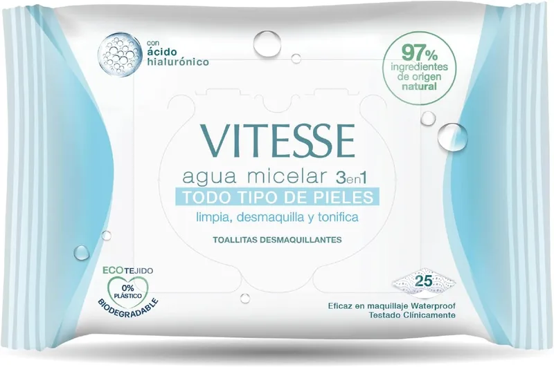 Vitesse ▫️ Toalhitas Desmaquilhantes com Água Micelar 3 em 1 para Todos os Tipos de Pele, com Ácido Hialurónico, Limpa, Remove a Maquilhagem à Prova de Água e Tonifica, 25 unidades