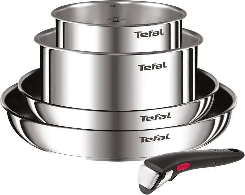 Tefal ▫️ Ingenio Emotion - Conjunto de 2 frigideiras 24/28 cm + 2 caçarolas 16/20 cm + pega amovível, resistente à indução, antiaderente, revestido a titânio, lavável na máquina de lavar louça e no forno