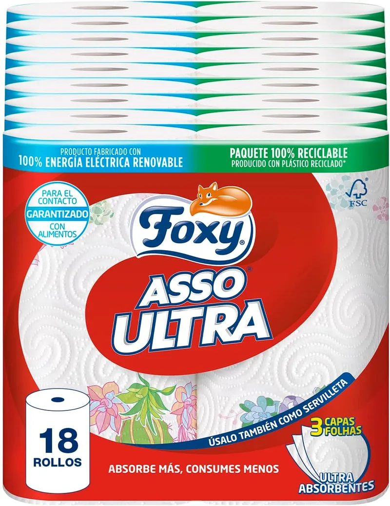 Foxy ▫️ Papel de cozinha Asso Ultra, 18 rolos, 3 camadas absorventes, com padrão, certificação FSC, energia elétrica renovável, embalagem reciclável produzida com plástico reciclado
