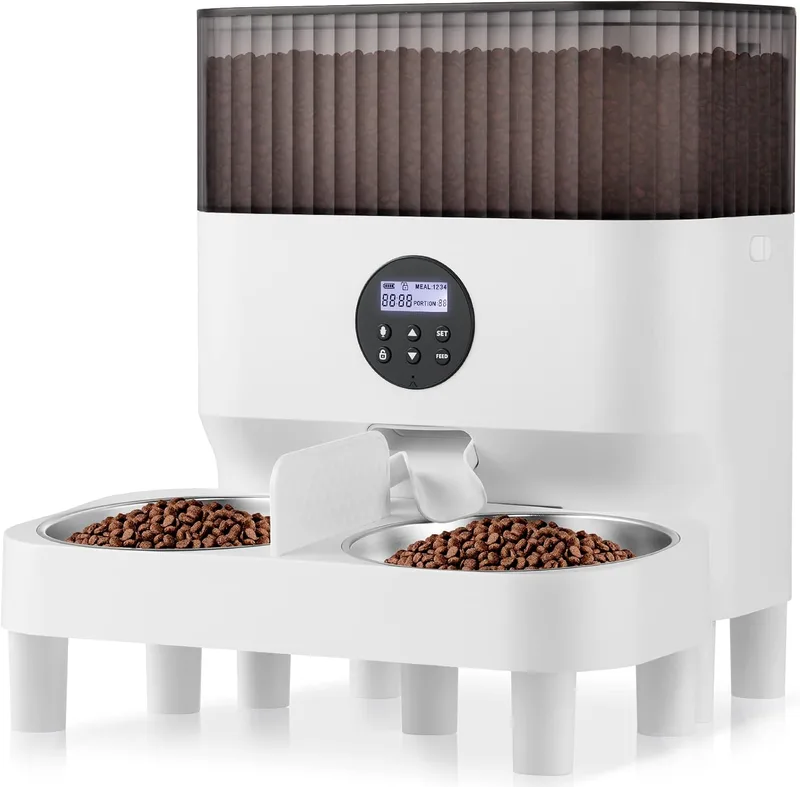 Sailnovo ▫️ Comedero Automático para Dois Gatos, Dispensador com Duas Tigelas de Aço Inoxidável, Alerta de Voz de 10 segundos, até 80 porções e 4 refeições por dia para cães e gatos, Branco - 5 L
