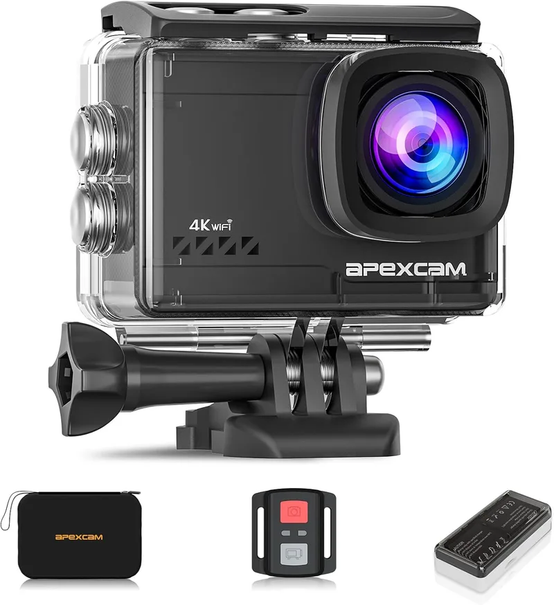 Apexcam ▫️ Câmara desportiva 4K60 EIS com bolsa organizadora, Wi-Fi, câmara subaquática à prova de água até 40 m, câmara de ação grande angular, comando remoto 2,4 GHz, 2 baterias de 1350 mAh e vários acessórios