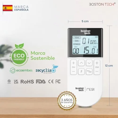Boston Tech ▫️ ® Estimulador Muscular | 3 em 1: TENS + EMS + Fitness | Alívio eficaz da dor + Treino | 2 canais + 50 modos + 16 níveis de intensidade + Inclui estojo + 4 elétrodos 2