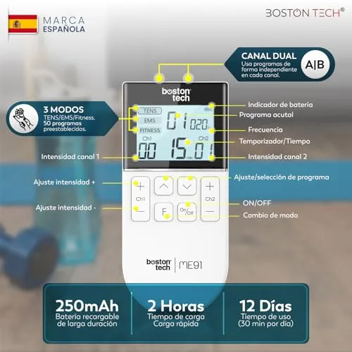 Boston Tech ▫️ ® Estimulador Muscular | 3 em 1: TENS + EMS + Fitness | Alívio eficaz da dor + Treino | 2 canais + 50 modos + 16 níveis de intensidade + Inclui estojo + 4 elétrodos 3