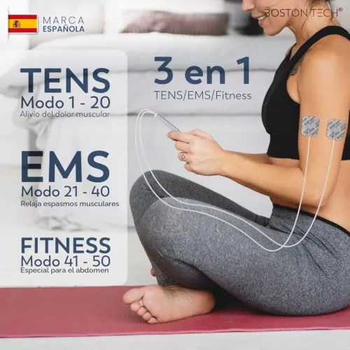 Boston Tech ▫️ ® Estimulador Muscular | 3 em 1: TENS + EMS + Fitness | Alívio eficaz da dor + Treino | 2 canais + 50 modos + 16 níveis de intensidade + Inclui estojo + 4 elétrodos 4