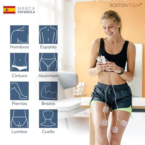 Boston Tech ▫️ ® Estimulador Muscular | 3 em 1: TENS + EMS + Fitness | Alívio eficaz da dor + Treino | 2 canais + 50 modos + 16 níveis de intensidade + Inclui estojo + 4 elétrodos 5