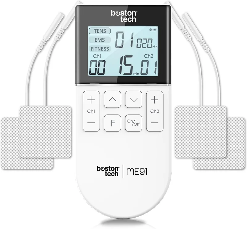 Boston Tech ▫️ ® Estimulador Muscular | 3 em 1: TENS + EMS + Fitness | Alívio eficaz da dor + Treino | 2 canais + 50 modos + 16 níveis de intensidade + Inclui estojo + 4 elétrodos