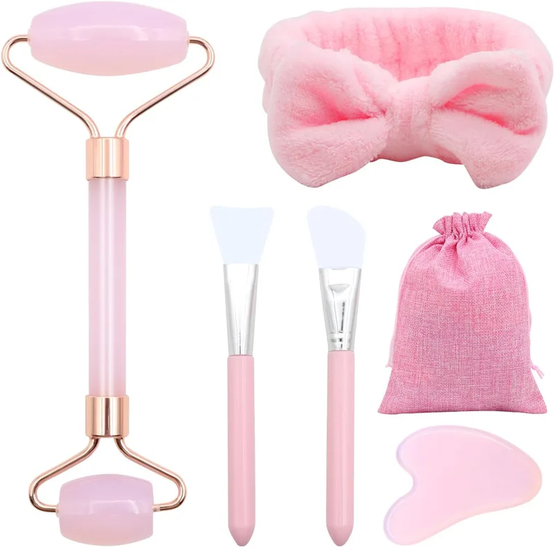 VEGCOO ▫️ 6 em 1 Gua Sha Facial com Rolo de Jade, Rolo Facial de Massagem + Pedra Gua Sha Facial + Fita para a Cabeça + Escova de Máscara de Silicone + Bolsa, Rolo Facial de Massagem para Mulheres, Alívio das Rugas