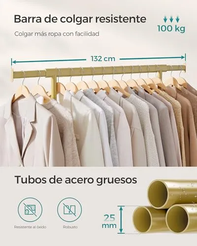 SONGMICS ▫️ Cabideiro com Rodas, Cabideiro Extensível para Cargas Pesadas, Capacidade Máxima de Carga de 100 kg, Fácil de Montar, Portátil, Dourado Claro HSR013A01 4