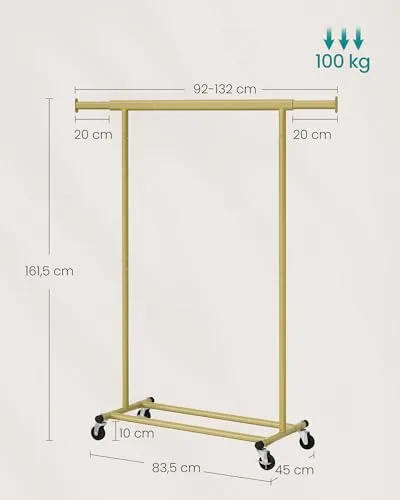 SONGMICS ▫️ Cabideiro com Rodas, Cabideiro Extensível para Cargas Pesadas, Capacidade Máxima de Carga de 100 kg, Fácil de Montar, Portátil, Dourado Claro HSR013A01 5