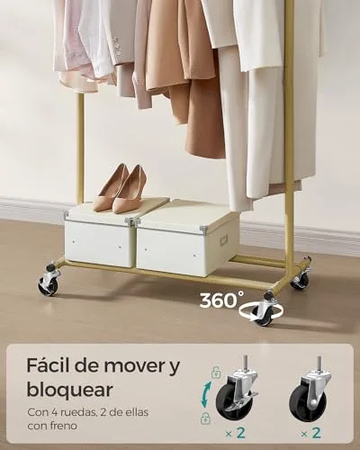 SONGMICS ▫️ Cabideiro com Rodas, Cabideiro Extensível para Cargas Pesadas, Capacidade Máxima de Carga de 100 kg, Fácil de Montar, Portátil, Dourado Claro HSR013A01 6