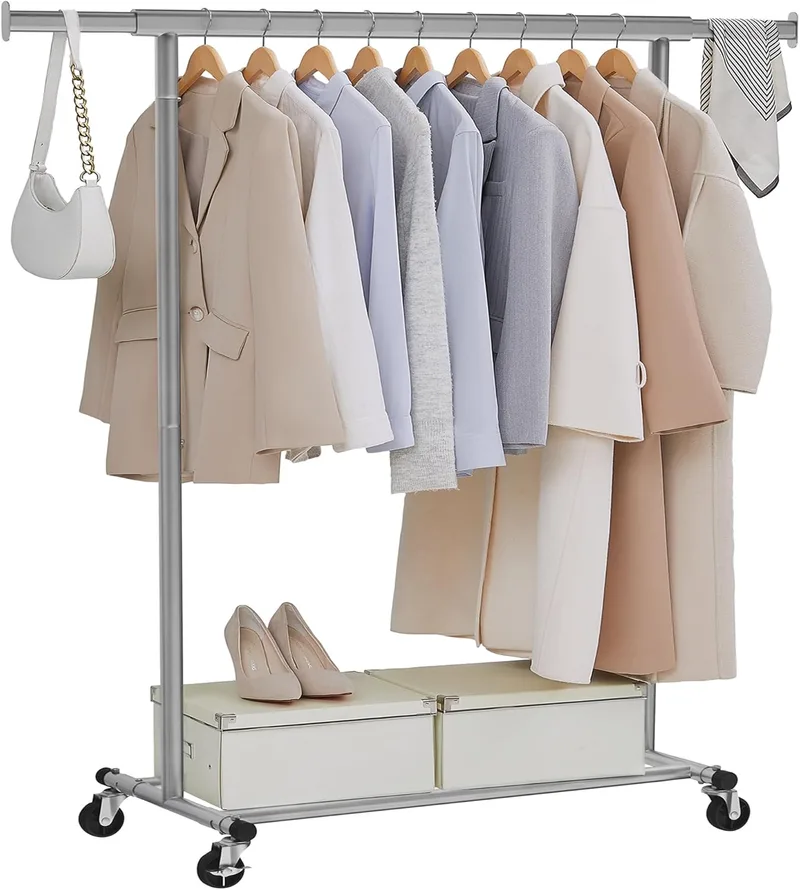 SONGMICS ▫️ Burro de roupa com rodas, estendal extensível para serviço pesado, capacidade de carga máxima de 100 kg, fácil de montar, portátil, cinzento pombinha HSR013G01