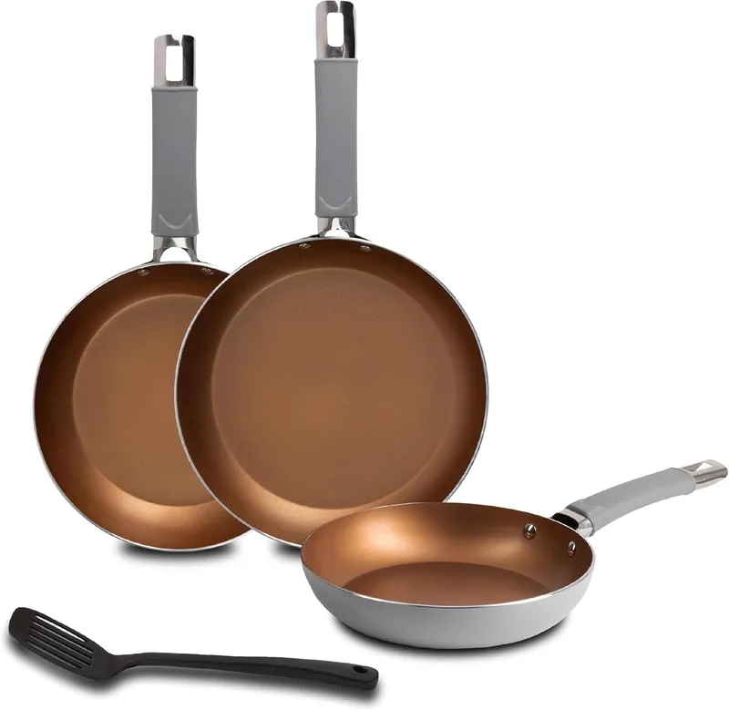 Bergner ▫️ Conjunto de 3 frigideiras Ø18, Ø22 e Ø26 cm em alumínio forjado com acabamento em cobre + espátula com ranhuras