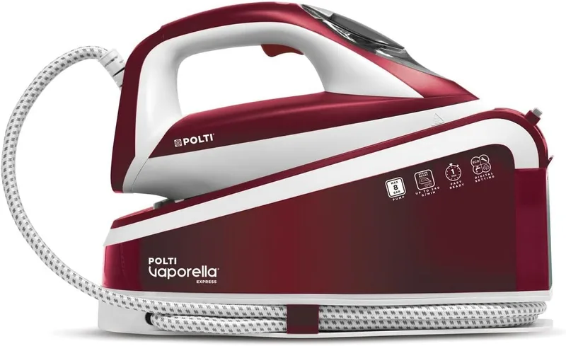 Polti ▫️ Vaporella Express VE30.40 Centro de Engomagem | Pressão da bomba de 8 bar, 2100 W, função Eco, tecnologia One Temperature, comandos digitais no ferro de engomar, cor bordô e branco