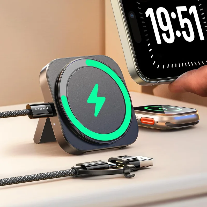 LISEN ▫️ Carregador sem fios MagSafe para iPhone 17 e Samsung; Base de carregamento sem fios para Apple Watch; Carregador Mini 3 em 1; Estação de carregamento para viagens; Acessórios para iPhone 17, 16, 15, Pro MAX, Air, iWatch e AirPods