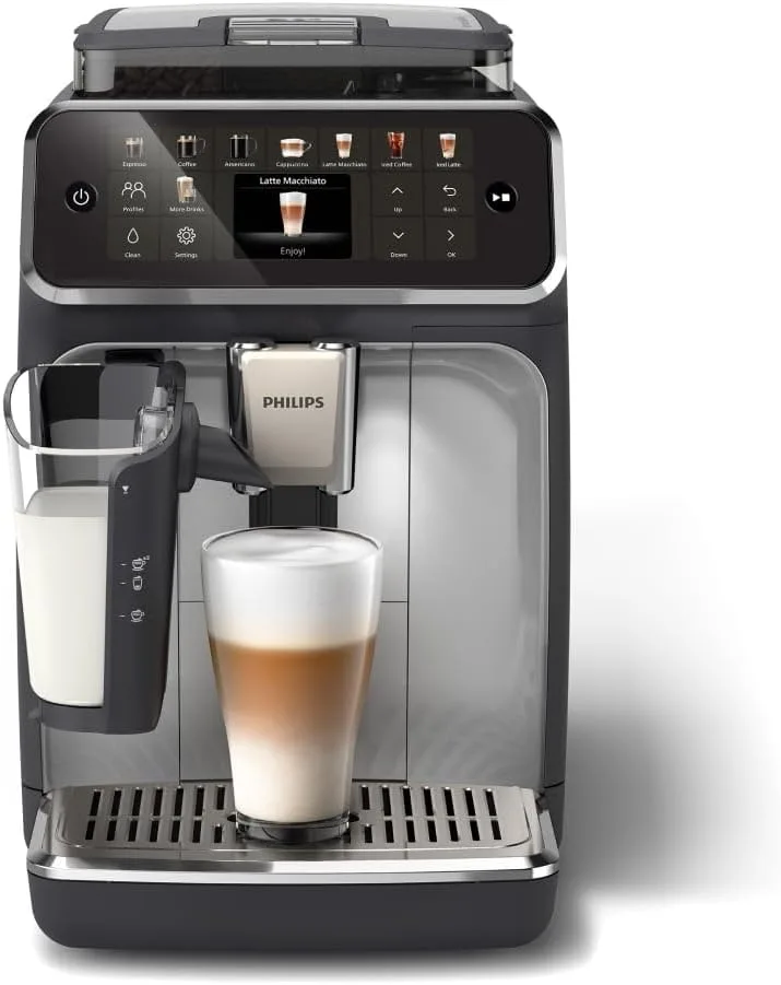 PHILIPS ▫️ Máquina de café totalmente automática Série 5500 – 20 tipos de café quente e gelado, sistema de leite QuickClean LatteGo, 40% mais silenciosa graças à tecnologia SilentBrew, QuickStart, Preto e Prateado (EP5546/70)