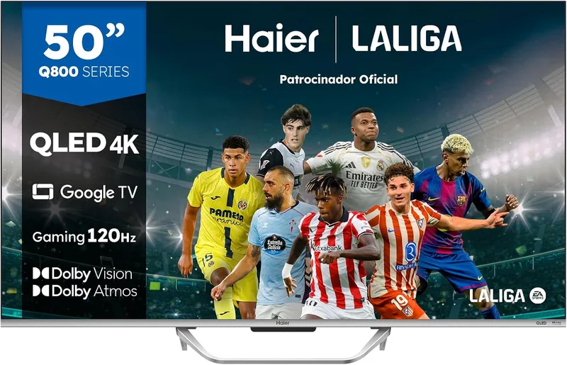 Haier ▫️ QLED 4K UHD H50Q800UX, 50", Smart TV, Google TV, Dolby Atmos e Dolby Vision, HDR 10, comando remoto inteligente, Google Assistant, Bluetooth 5.1, DBX TV, 4 portas HDMI 2.1, sem moldura, 2024