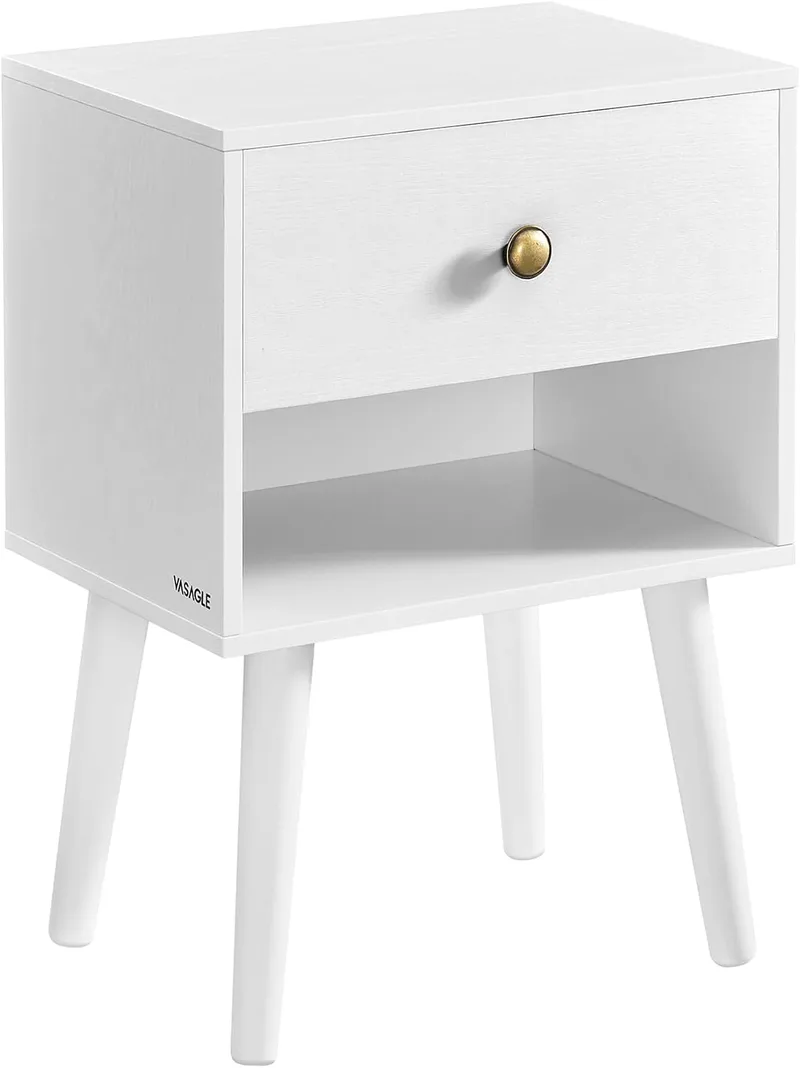 VASAGLE ▫️ Mesa de cabeceira, mesa auxiliar com gaveta e compartimento de arrumação aberto, pés de madeira, mesa de centro para sala de estar, quarto, sofá, branco neve LET655W01
