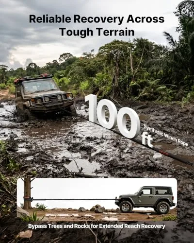 VEVOR ▫️ Cabo de guincho de 9,5 mm x 30,5 m, cabo sintético com resistência à ruptura de 117,9 kN e revestimento protetor, gancho de guincho forjado, correia de reboque para SUV e veículos todo-o-terreno 3