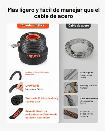 VEVOR ▫️ Cabo de guincho de 9,5 mm x 30,5 m, cabo sintético com resistência à ruptura de 117,9 kN e revestimento protetor, gancho de guincho forjado, correia de reboque para SUV e veículos todo-o-terreno 4