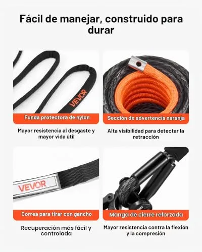 VEVOR ▫️ Cabo de guincho de 9,5 mm x 30,5 m, cabo sintético com resistência à ruptura de 117,9 kN e revestimento protetor, gancho de guincho forjado, correia de reboque para SUV e veículos todo-o-terreno 5