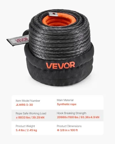 VEVOR ▫️ Cabo de guincho de 9,5 mm x 30,5 m, cabo sintético com resistência à ruptura de 117,9 kN e revestimento protetor, gancho de guincho forjado, correia de reboque para SUV e veículos todo-o-terreno 7