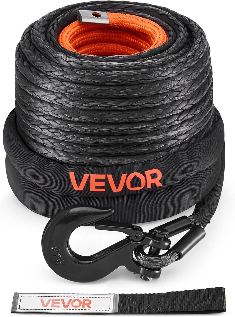 VEVOR ▫️ Cabo de guincho de 9,5 mm x 30,5 m, cabo sintético com resistência à ruptura de 117,9 kN e revestimento protetor, gancho de guincho forjado, correia de reboque para SUV e veículos todo-o-terreno