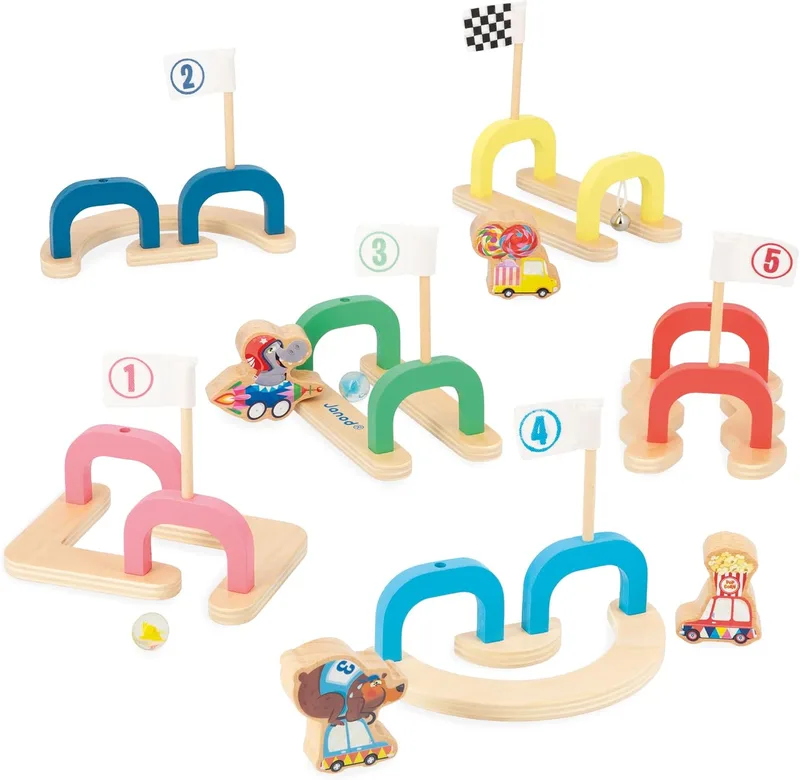 Janod ▫️ Applepop Jogo de berlindes para crianças - Jogo de habilidade - 6 etapas + 2 berlindes + 4 peças - Exercita a destreza e a concentração - Brinquedo de madeira FSC - Idade 3+, J03357
